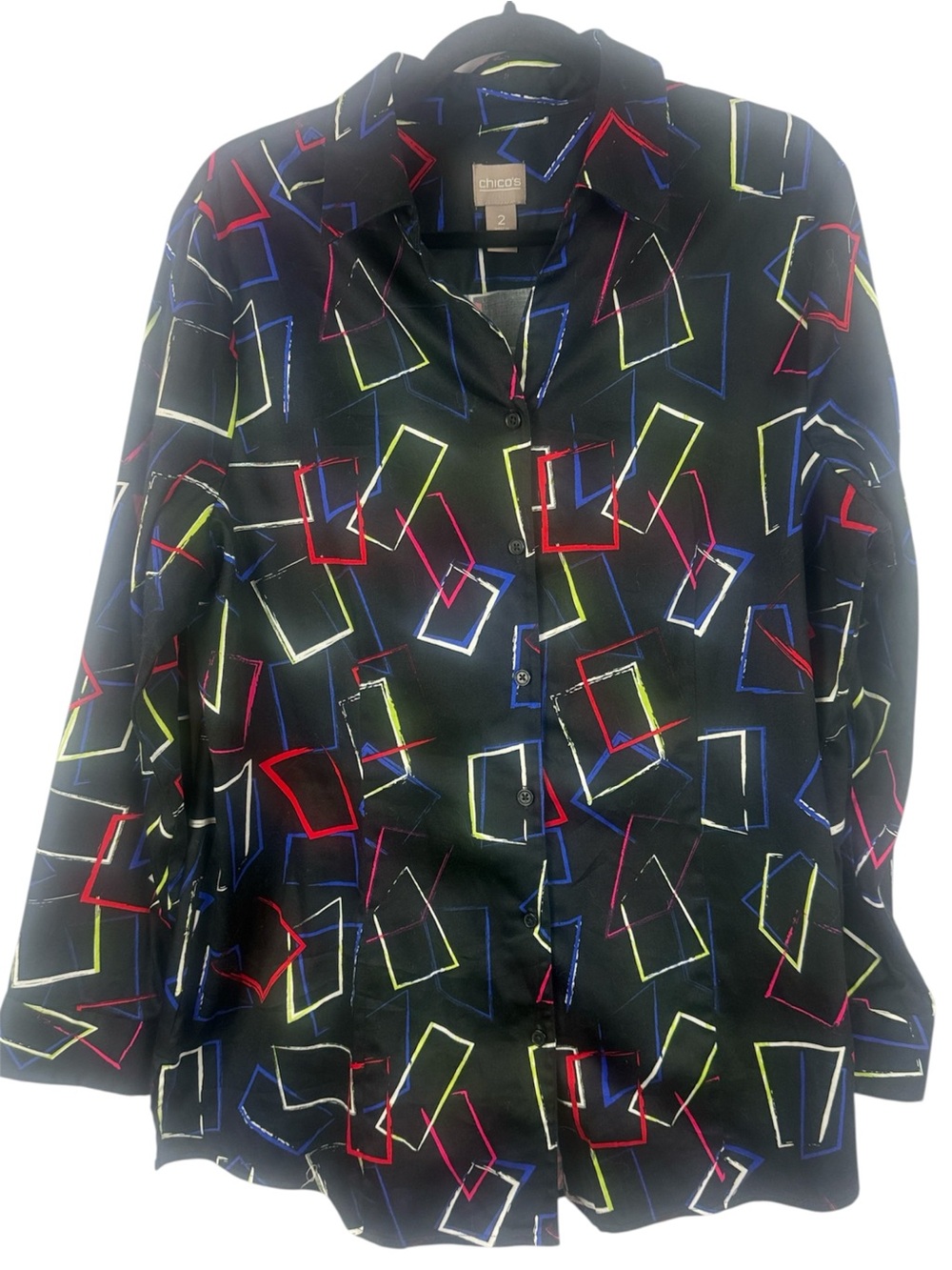 Chico's Cotton Blend Black Neon Scribble Box Geometric Print Button-Up Blouse